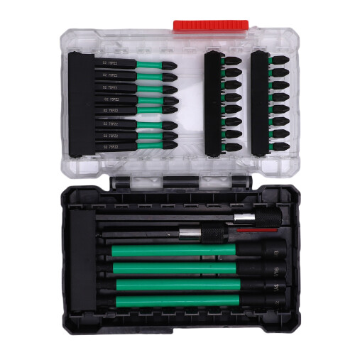 30 Stück S2-Impact-Bit-Set Schwarz/Grün 150 mm Adapter 1