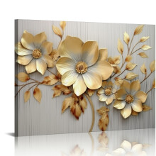 Canvas wanddecoratie met gouden metallic bloemen – grijze achtergrond