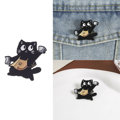 Hübsche Brosche „Black Puss Nipping Coffee“, niedliche 1