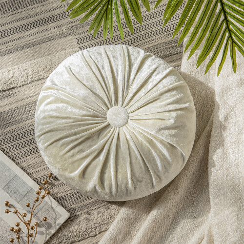 Crushed Velvet Pleated Round Pillow 40cm White 1