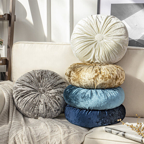 Crushed Velvet Pleated Round Pillow 40cm White 2