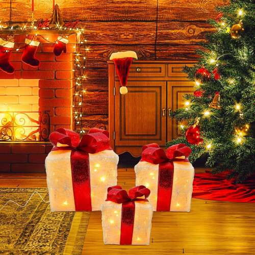 Coffret de 3 boîtes cadeaux lumineuses de Noël dorées 2