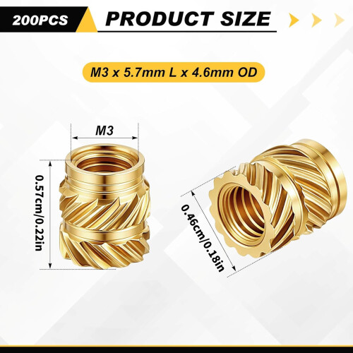 200 Stück Rändelmuttern-Einsätze für 3D-Druck, Spritzguss, 2