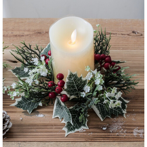 Artificial Christmas Candle Ring with Red Berries and Snowy 2