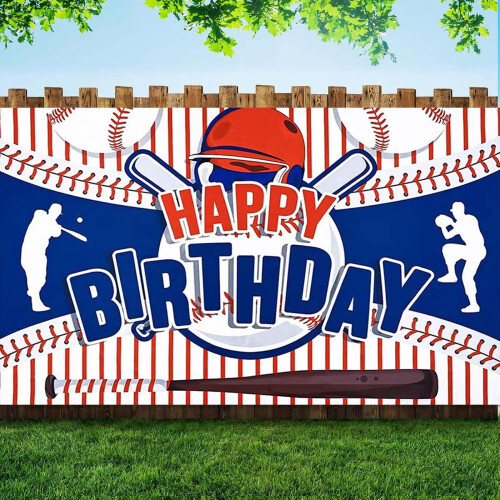 Baseball Birthday Banner Red Blue Striped 1 Piece 1