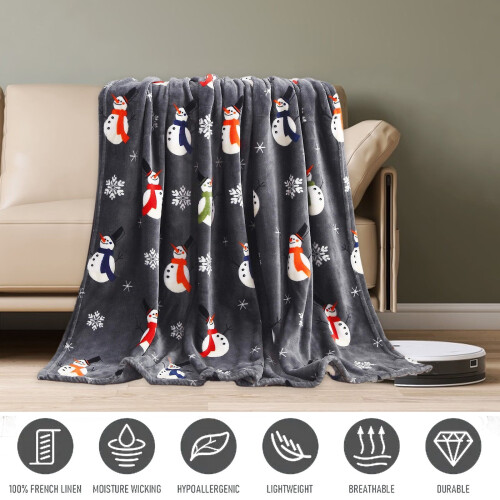 Christmas Sherpa Throw Blanket Snowman Pattern Grey 2