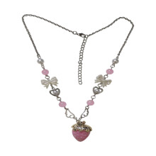 Strawberry Heart Acrylic Pearls Necklace Adjustable Length