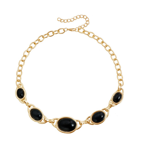 Unique Distressed Geometric Oval Pendant Necklace Elegant-Black