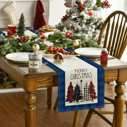 Watercolor Buffalo Plaid Christmas Tree Table Runner 1