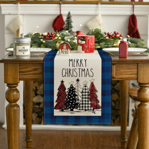 Watercolor Buffalo Plaid Christmas Tree Table Runner 2