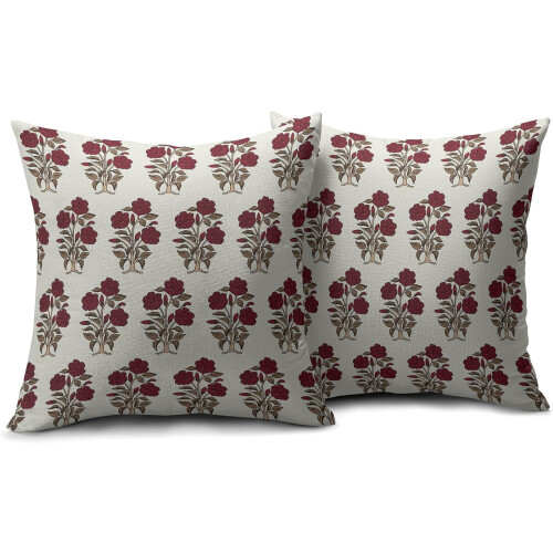Conjunto de capas de almofada com estampa floral em blocos, em linho marrom e vermelho, 50x50 cm (20x20 polegadas). 1