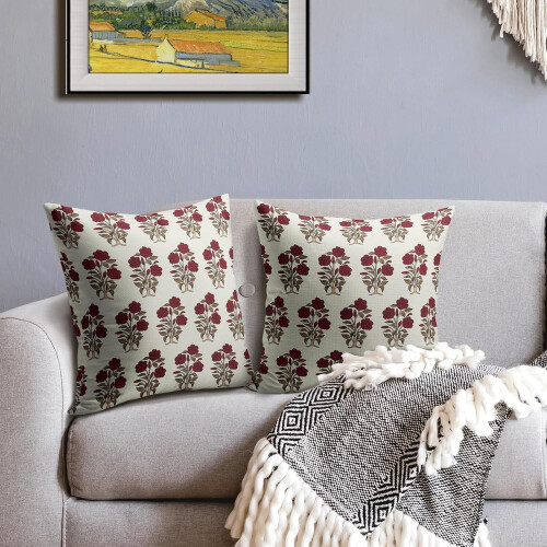 Conjunto de capas de almofada com estampa floral em blocos, em linho marrom e vermelho, 50x50 cm (20x20 polegadas). 2
