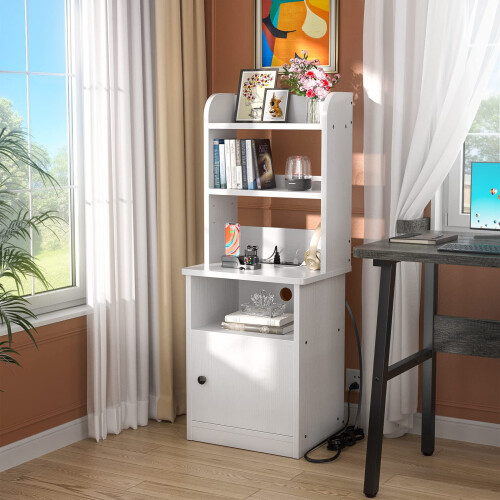 White Tall Nightstand with Charging Station and LED Lights 1