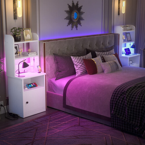 White Tall Nightstand with Charging Station and LED Lights 2