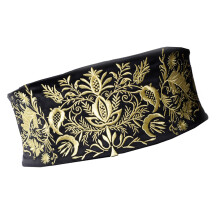 Embroidery Wide Waist Belt Floral Design Waist Cincher-Black