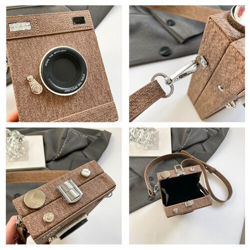 Shell Lock Camera Bag Retro Crossbody Adjustable Strap-Gray 2