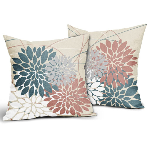 Conjunto de 2 capas de almofada com estampa de dálias em linho, 40x40cm (16x16 polegadas). 1