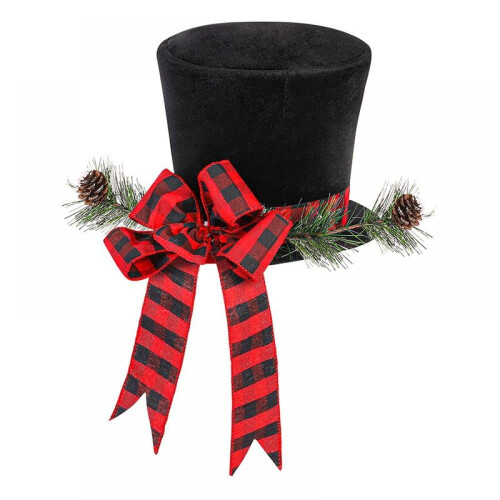 Black Bowler Hat Christmas Tree Topper with Red Plaid Bow 2