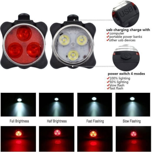 Loowoko Bicycle Lighting Kit - USB Rechargeable Front and Rear Lights - Black and Red 2