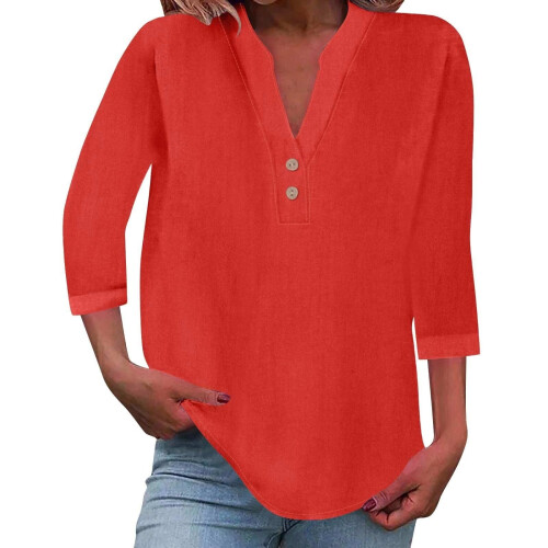 Women's cotton and linen shirt, solid color,-Red S