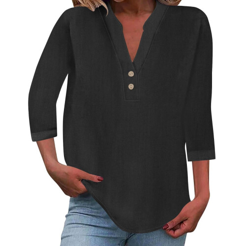 Women's cotton and linen shirt, solid color,-Black S