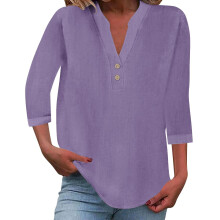Women's cotton and linen shirt, solid color,-Purple S