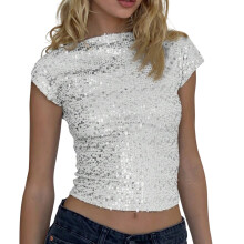 Women Sequined Backless Top Evening Feature Round Neck-White S