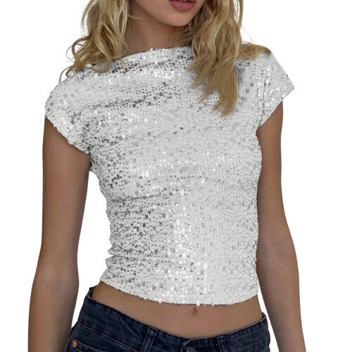 Women Sequined Backless Top Evening Feature Round Neck-White S