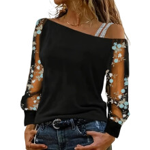 Elegant Off Shoulder Long Sleeve-Black light blue sle XXL