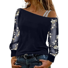 Womens Elegant Floral Mesh Puff Long-Navy blue and white S