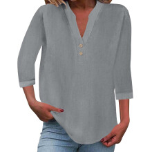 Women's cotton and linen shirt, solid color,-Gray M