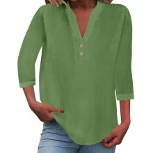 Women's cotton and linen shirt, solid color,-Green XL