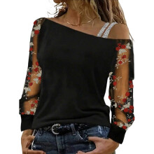 Fashionable Off Shoulder Mesh Long Sleeve-black red sleeves M