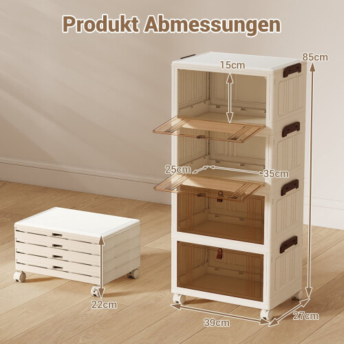 4-Tier Foldable Shoe Storage Box with Wheels, White 1