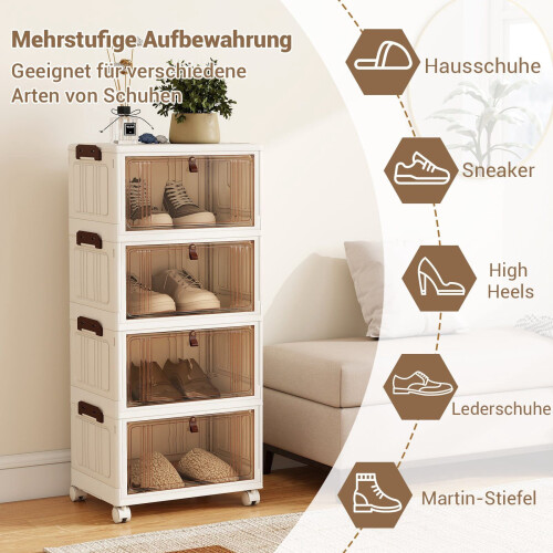 4-Tier Foldable Shoe Storage Box with Wheels, White 2