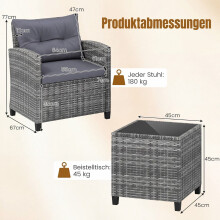 3-delige rotan terrasset met kussens en glazen tafel