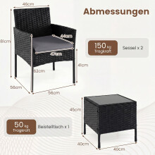 3-delige rotan terrasset met kussens en glazen tafel