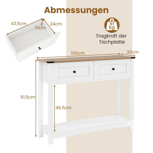 Consoletafel met 2 lades en plank, wit, 106x30x81,5 cm