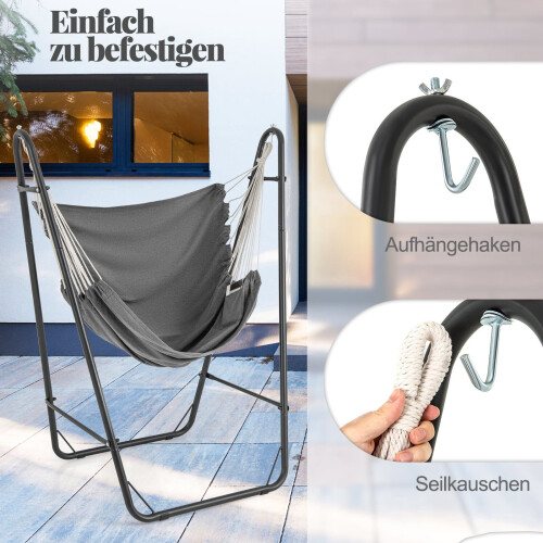 Hanging chair with frame, grey, cotton-polyester, 120 kg load capacity 2