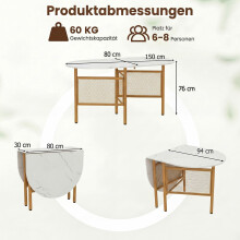 Opklapbare eettafel voor 6-8 personen, ruimtebesparend, wit/goud