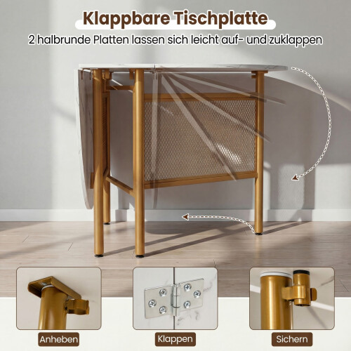 Foldable Dining Table for 6-8, Space-Saving, White/Gold 2