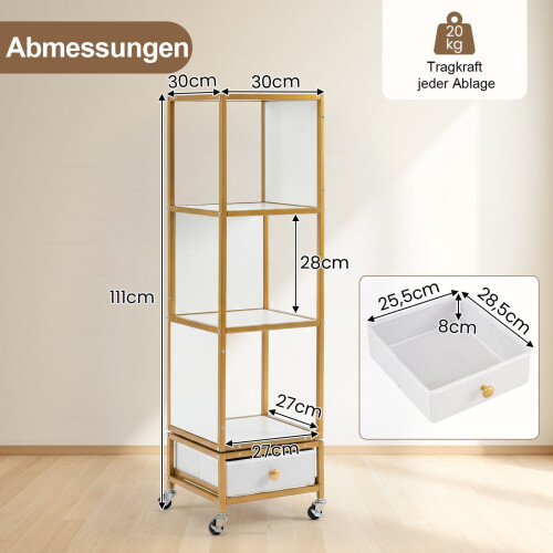4-Tier Rotating Bookshelf with Wheels and Fabric Drawer 1