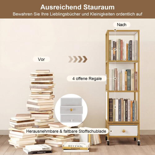 4-Tier Rotating Bookshelf with Wheels and Fabric Drawer 2