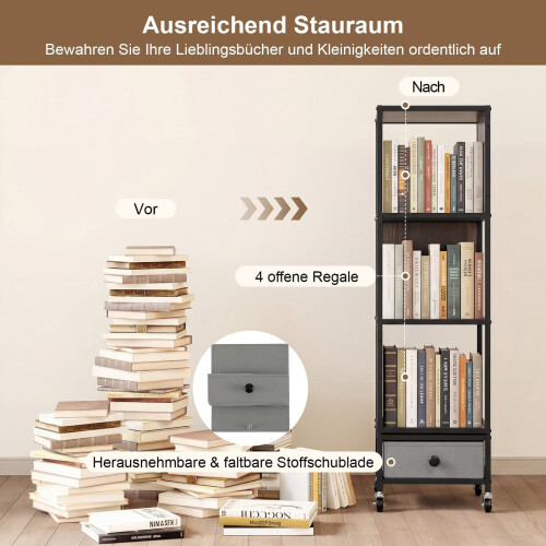 4-Tier Rotating Bookshelf with Wheels and Drawer, Gray 2