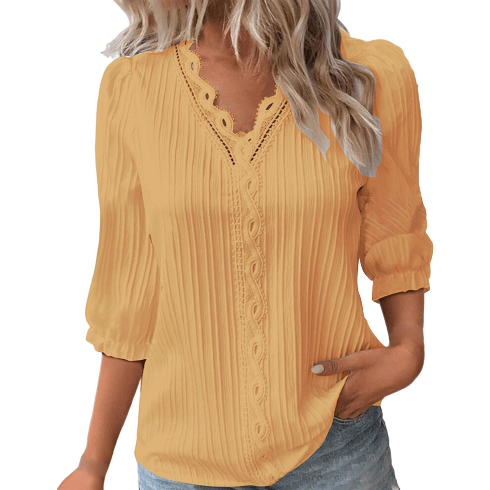 Yellow Women's Summer Elegant Lace Top, V-Neck, Lace, Elegant- S