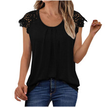 Women's lace pleated short-sleeved shirt, business-Black L