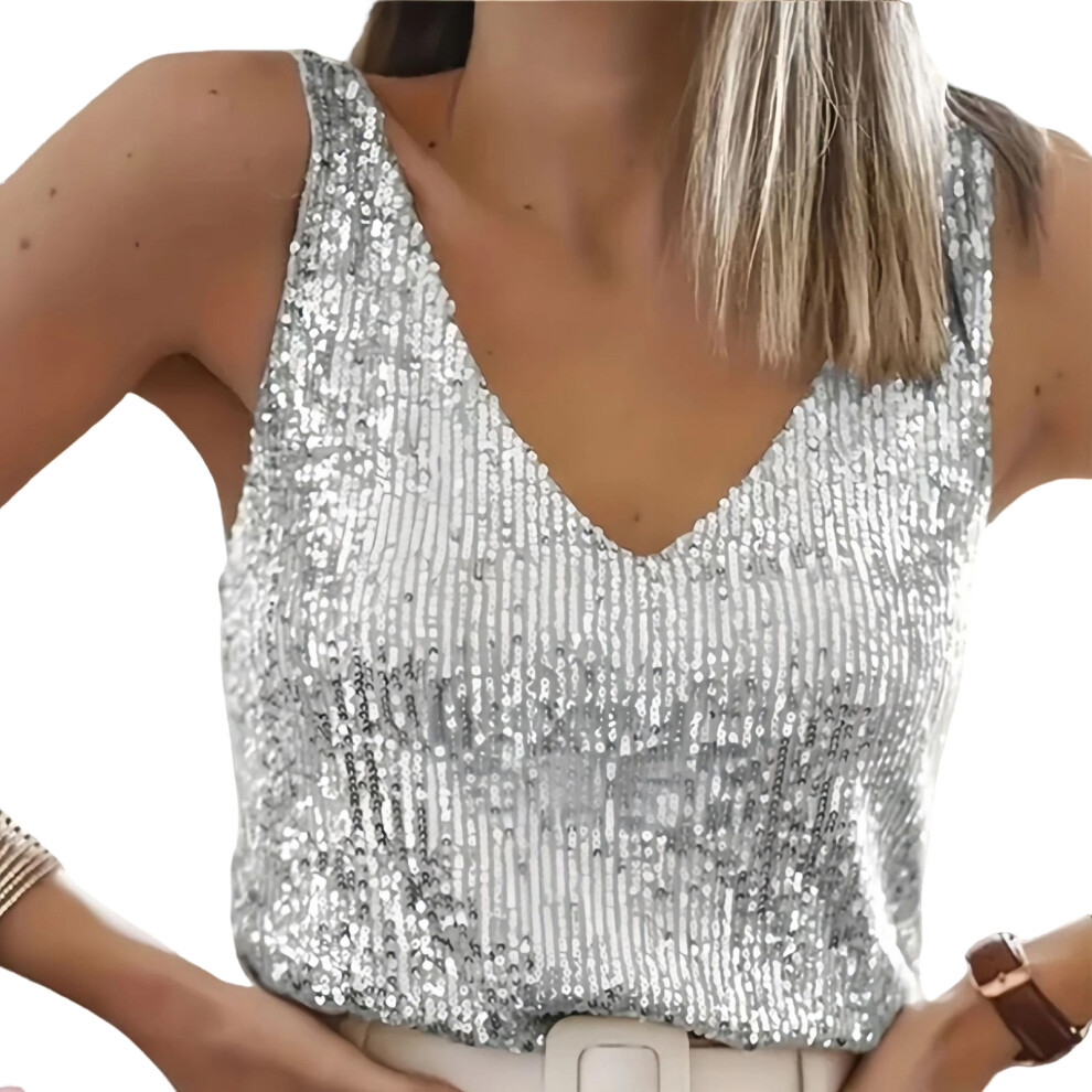 Silver Women Sequins Tank Tops Sparkly Sequins Camisole Tops- M