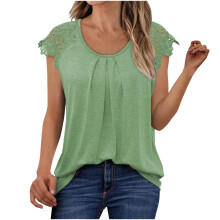 Women's lace pleated short-sleeved shirt,-Bean green XXL