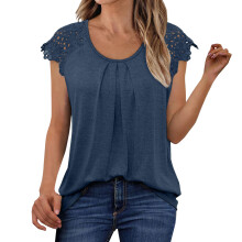 Women's lace pleated short-sleeved shirt, business-Navy Blue L