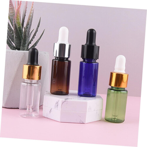 Flaconi contagocce per oli essenziali, 4 pezzi, 10 ml, piccoli, in plastica blu, verde e marrone 2